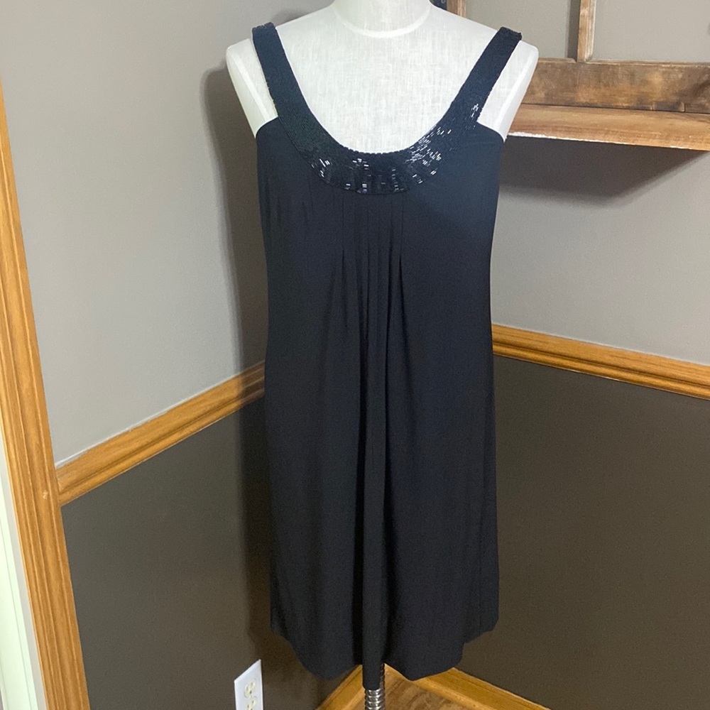 Bisou Bisou black shift dress with sequin neck line and shoulder straps size 12